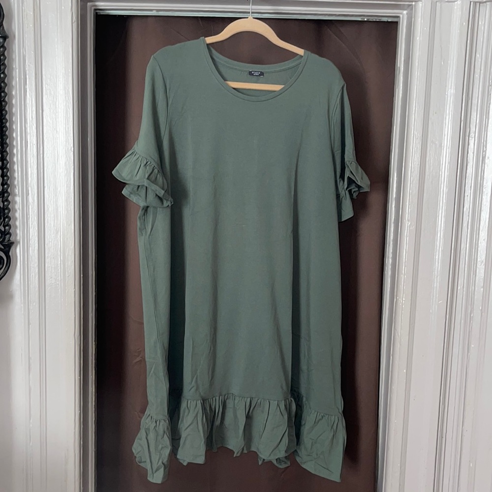 🛍️3/$40 - Avon Ruffle T-Shirt Dress Thyme (Olive) Size 1X. Studio 1886